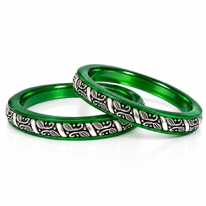 Silver Bangles for Women | Traditional Green Festival Bangles | Madhaviya Jewels